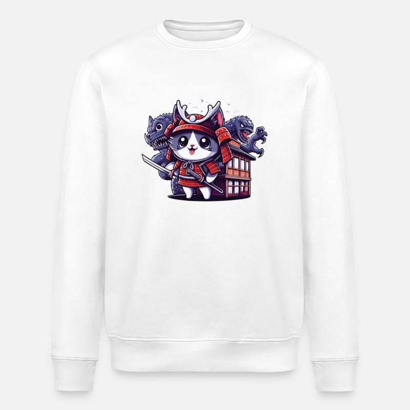 Samurai-Ninja-Katze hinter Monster und Dojo - Stanley/Stella Unisex Bio-Sweatshirt ROLLER - Weiß