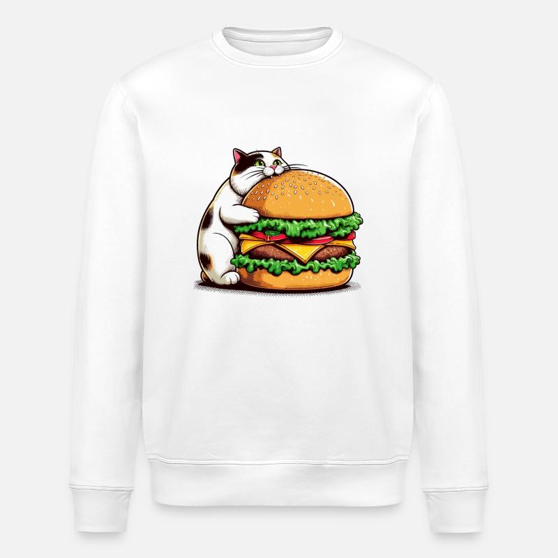 Cat eating a huge burger - Stanley/Stella ROLLER Unisex Organic Sweatshirt - white