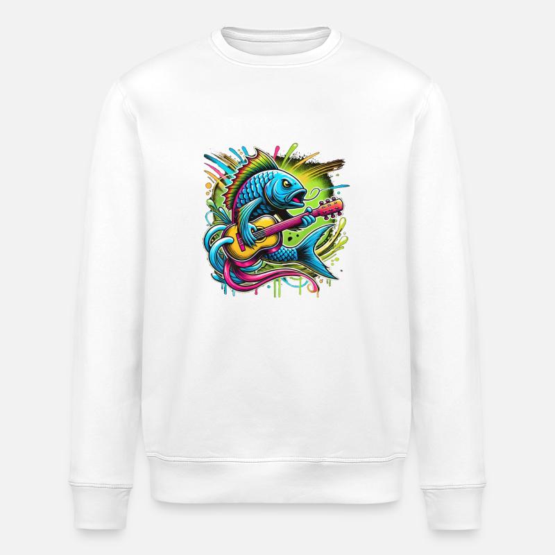 Singender Fisch mit Gitarre - Stanley/Stella Unisex Bio-Sweatshirt ROLLER - Weiß