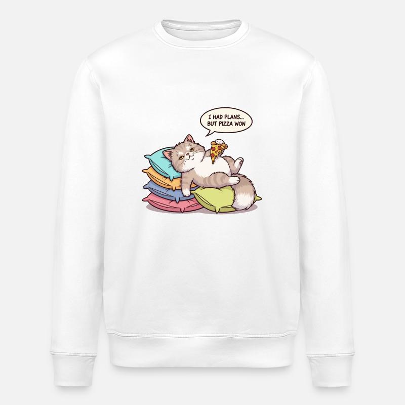 Chat paresseux avec pizza - Sweat bio ROLLER Stanley/Stella Unisexe - blanc