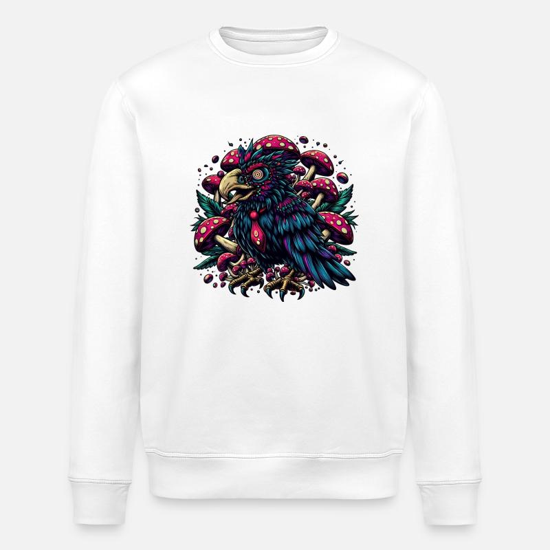Psychedelic Raven with Mushrooms - Stanley/Stella ROLLER Unisex Organic Sweatshirt - white