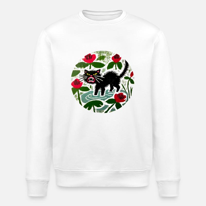 Schwarze Katze & Mohnblumen - Stanley/Stella Unisex Bio-Sweatshirt ROLLER - Weiß