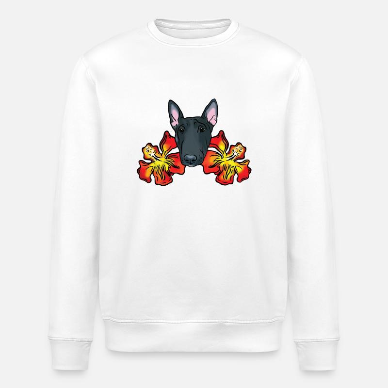 Bullterrier mit Hibiskusblüten - Stanley/Stella Unisex Bio-Sweatshirt ROLLER - Weiß