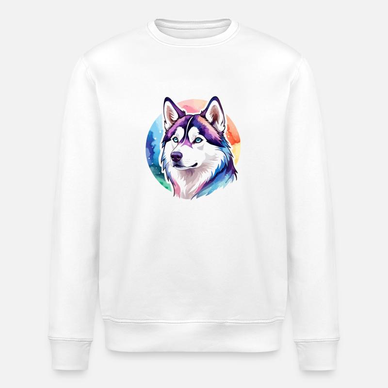 Husky de Sibérie Aquarelles - Sweat bio ROLLER Stanley/Stella Unisexe - blanc