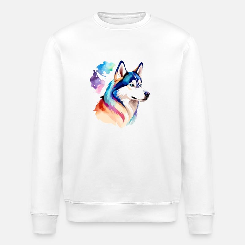 Husky de Sibérie Aquarelles - Sweat bio ROLLER Stanley/Stella Unisexe - blanc