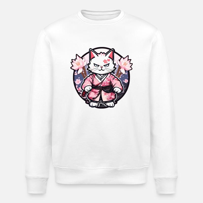 Samurai Cat & Cherry Blossoms #10 - Stanley/Stella ROLLER Unisex Organic Sweatshirt - white