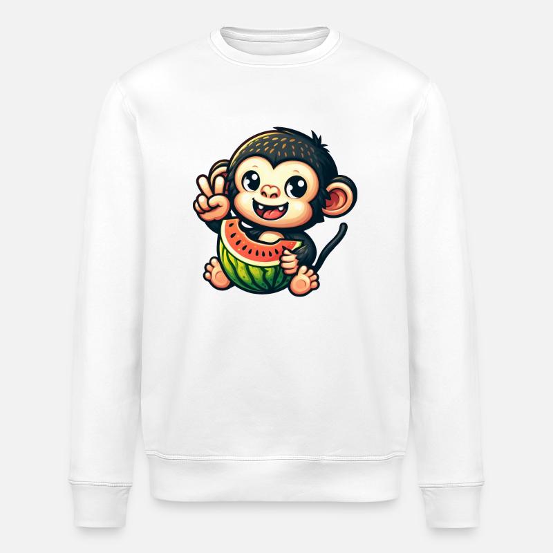 Schimpanse Mit Wassermelone Und Honigmelone - Stanley/Stella Unisex Bio-Sweatshirt ROLLER - Weiß