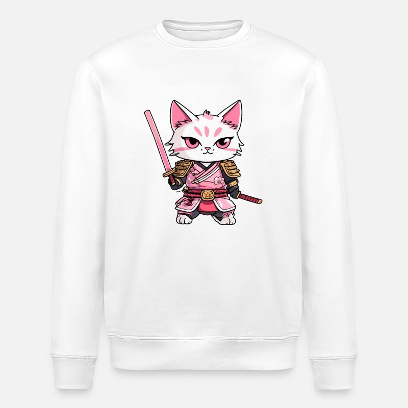 Samurai Katze & Kirschblüten #9 - Stanley/Stella Unisex Bio-Sweatshirt ROLLER - Weiß