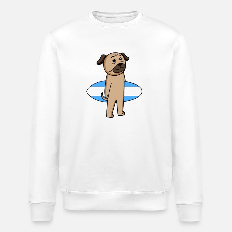 Surfboard Dog Pug Surfing Gift - Stanley/Stella ROLLER Unisex Organic Sweatshirt - white
