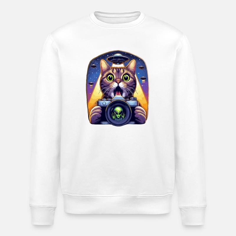 Lustige verängstigte Katze mit UFO-Alien-Angriff 3D-Effekt - Stanley/Stella Unisex Bio-Sweatshirt ROLLER - Weiß