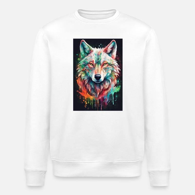 Bunter Wolfkopf Farbexplosion - Stanley/Stella Unisex Bio-Sweatshirt ROLLER - Weiß