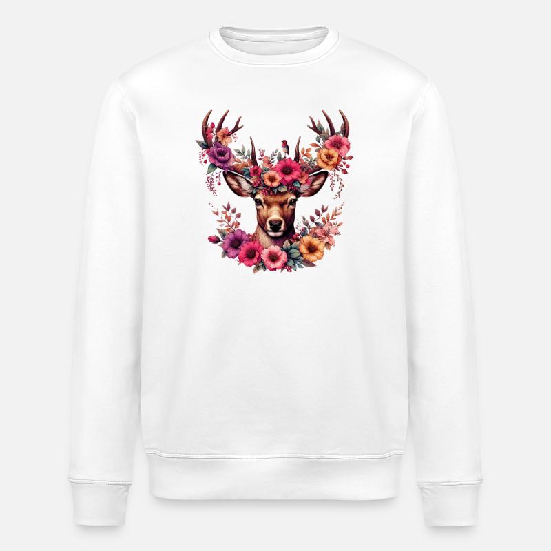 Hirsch mit Blumen - Stanley/Stella Unisex Bio-Sweatshirt ROLLER - Weiß
