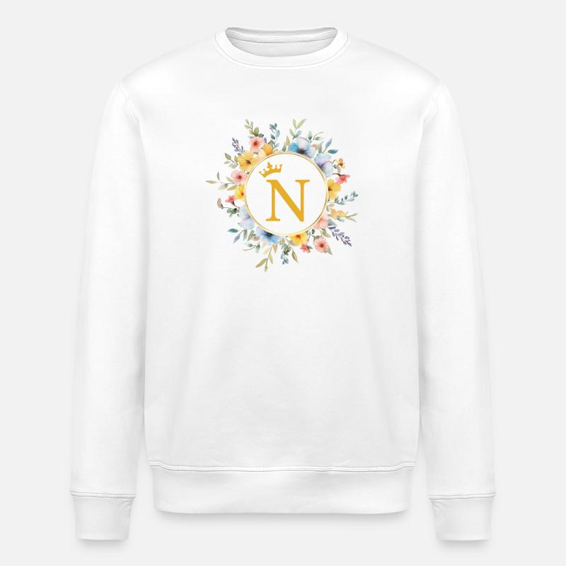 N Monogram, Flower Circle, Personalizable - Stanley/Stella ROLLER Unisex Organic Sweatshirt - white