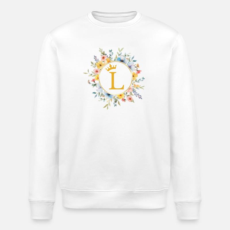 L Monogram, Flower Circle, Personalizable - Stanley/Stella ROLLER Unisex Organic Sweatshirt - white
