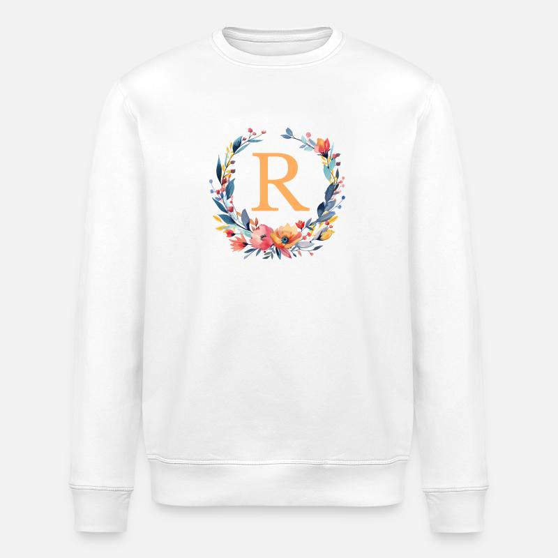 R Monogram, Flower Wreath, Personalizable - Stanley/Stella ROLLER Unisex Organic Sweatshirt - white