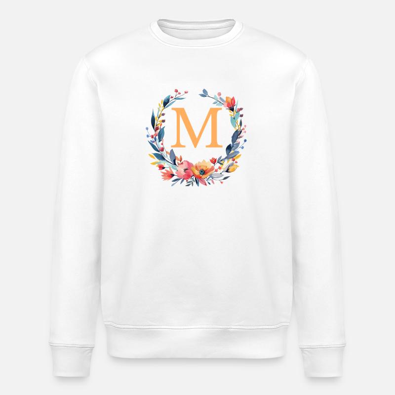 M Monogram, Flower Wreath, Personalizable - Stanley/Stella ROLLER Unisex Organic Sweatshirt - white