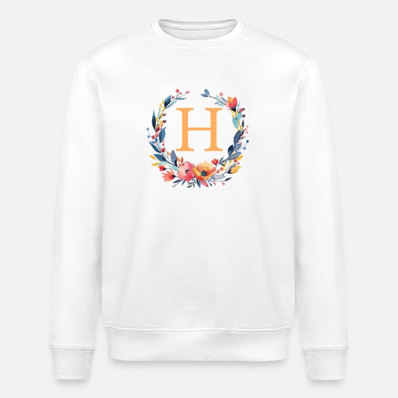 H Monogram, Flower Wreath, Personalizable - Stanley/Stella ROLLER Unisex Organic Sweatshirt - white