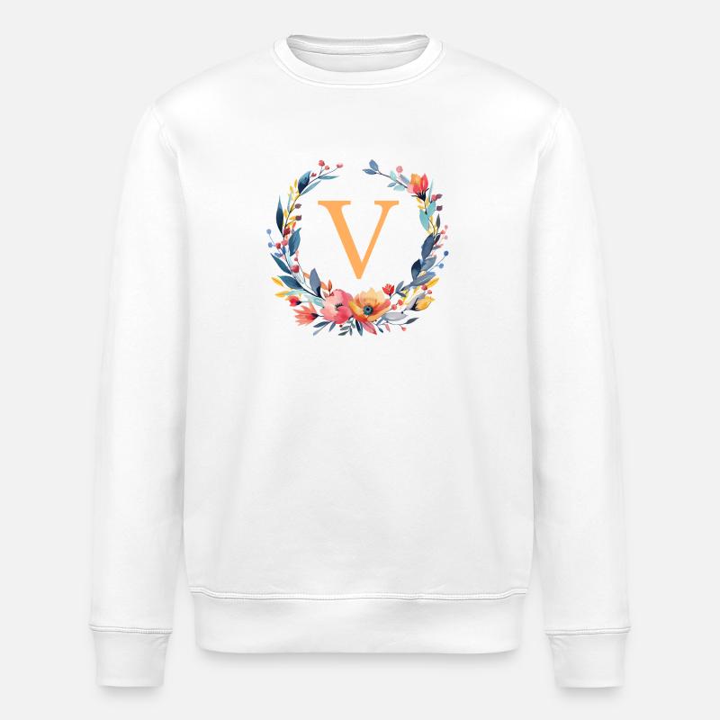 V Monogram, Flower Wreath, Personalizable - Stanley/Stella ROLLER Unisex Organic Sweatshirt - white