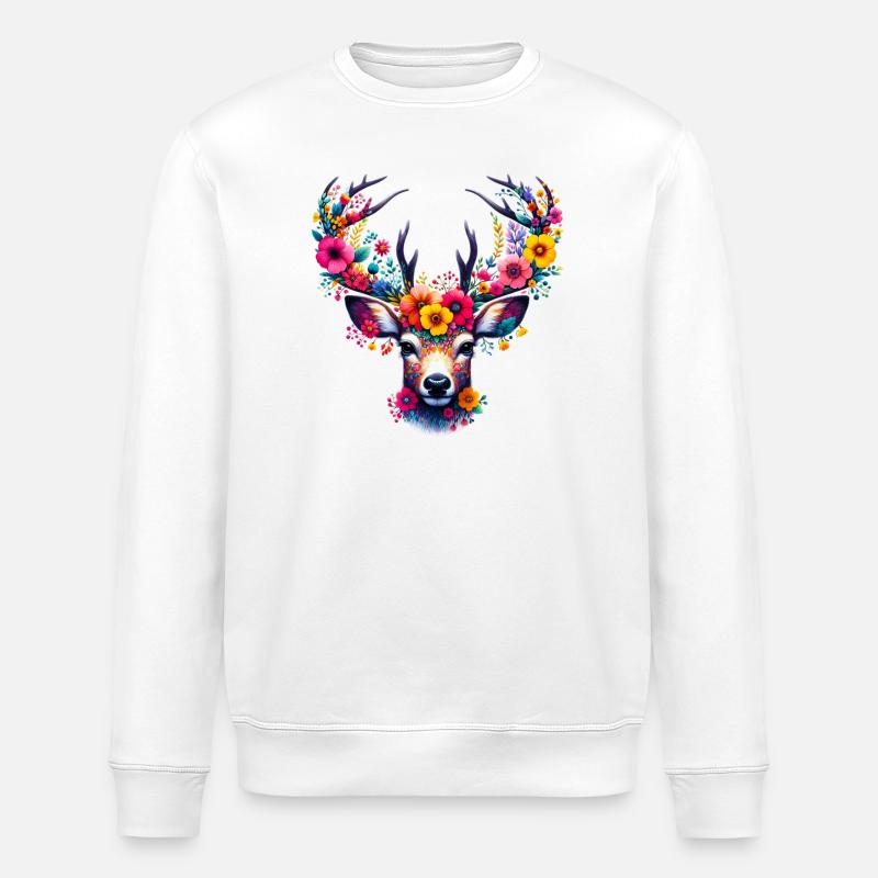 Hirsch mit Blumen geschmückt - Stanley/Stella Unisex Bio-Sweatshirt ROLLER - Weiß