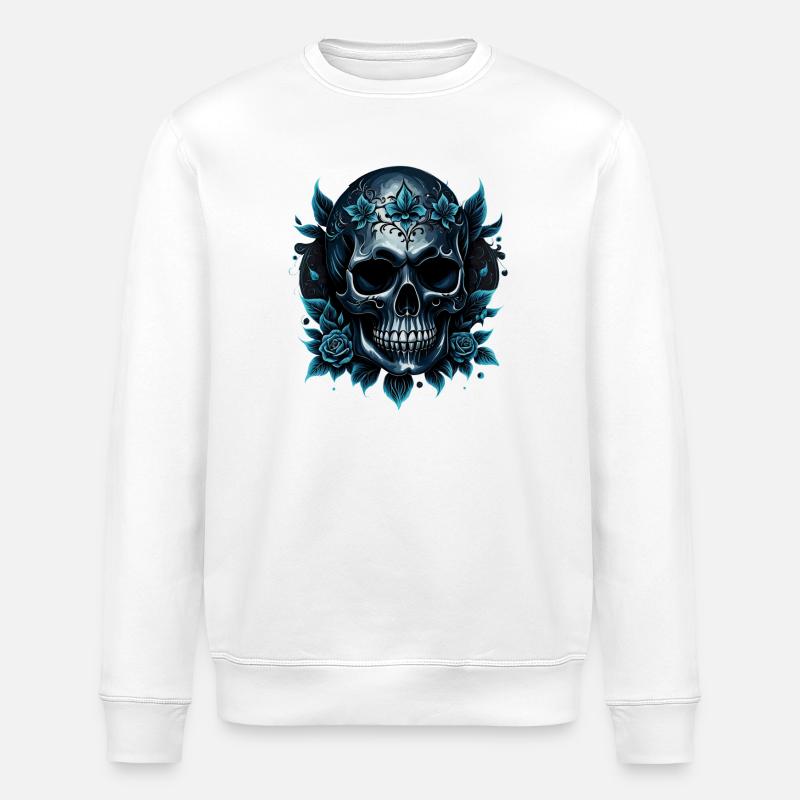 Dunkelblauer Totenkopf mit Rosen. - Stanley/Stella Unisex Bio-Sweatshirt ROLLER - Weiß