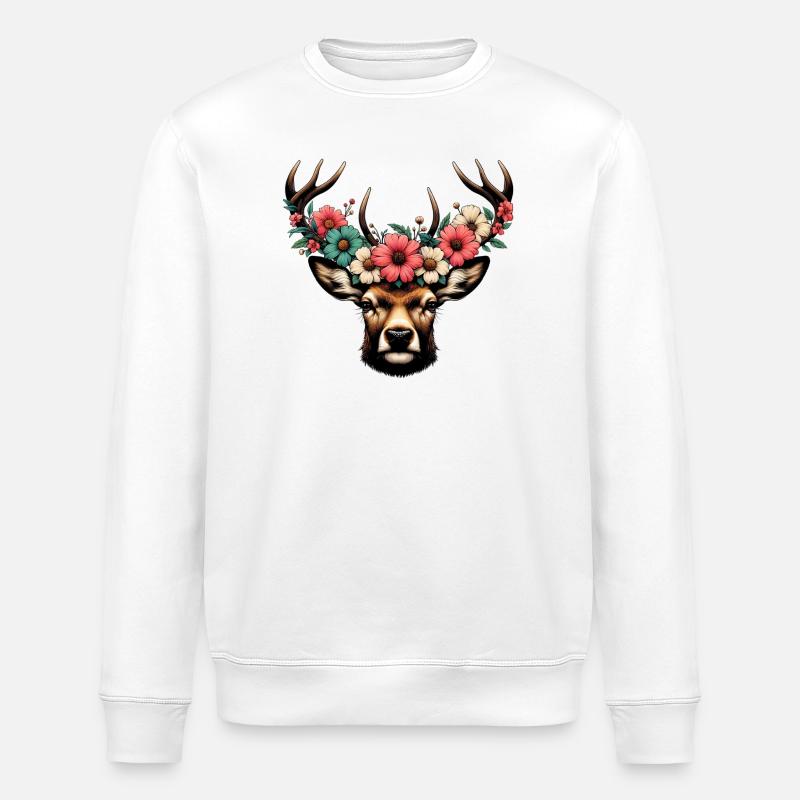 Hirsch mit Blumen - Stanley/Stella Unisex Bio-Sweatshirt ROLLER - Weiß