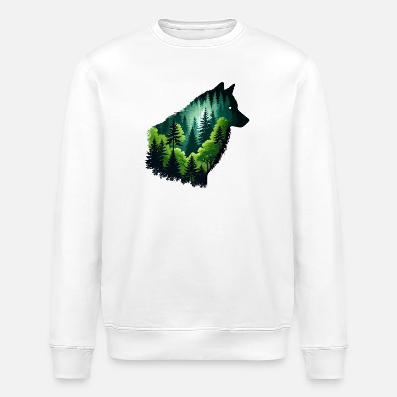 Silhouette Wolf mit grünem Wald - Stanley/Stella Unisex Bio-Sweatshirt ROLLER - Weiß