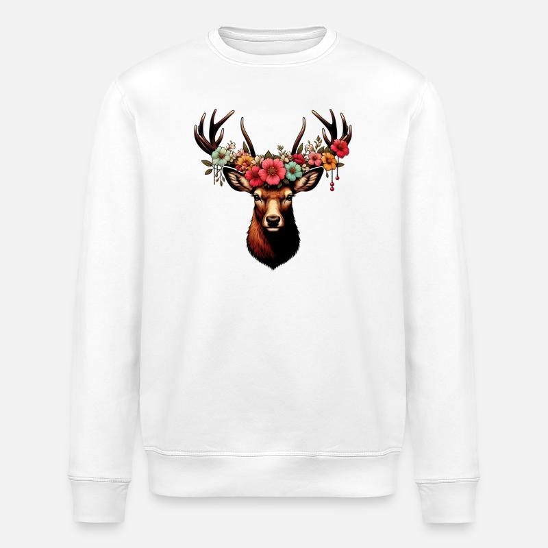 Hirsch mit Blumen - Stanley/Stella Unisex Bio-Sweatshirt ROLLER - Weiß