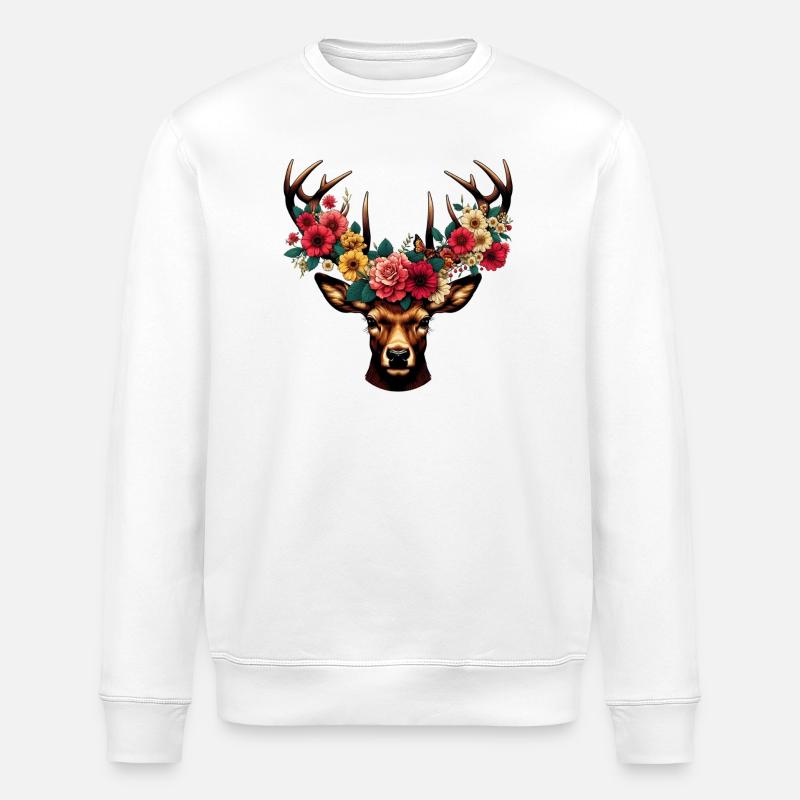 Hirsch mit Blumen - Stanley/Stella Unisex Bio-Sweatshirt ROLLER - Weiß