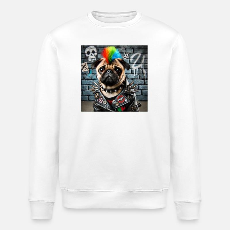 Punk Pug with Rainbow Mane - Stanley/Stella ROLLER Unisex Organic Sweatshirt - white