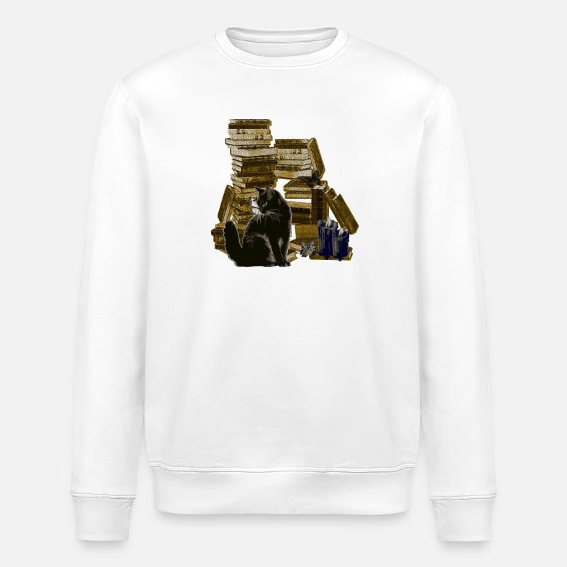 Bücherstapel mit Katze, lesen - Stanley/Stella Unisex Bio-Sweatshirt ROLLER - Weiß