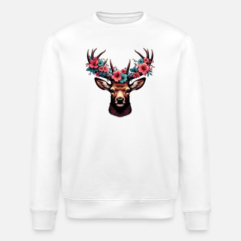 Hirsch mit Blumen - Stanley/Stella Unisex Bio-Sweatshirt ROLLER - Weiß