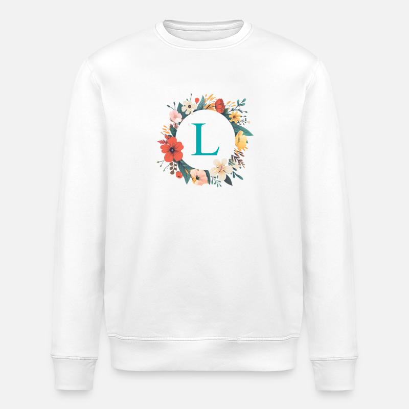 L Monogram, Flower Wreath, Personalizable - Stanley/Stella ROLLER Unisex Organic Sweatshirt - white
