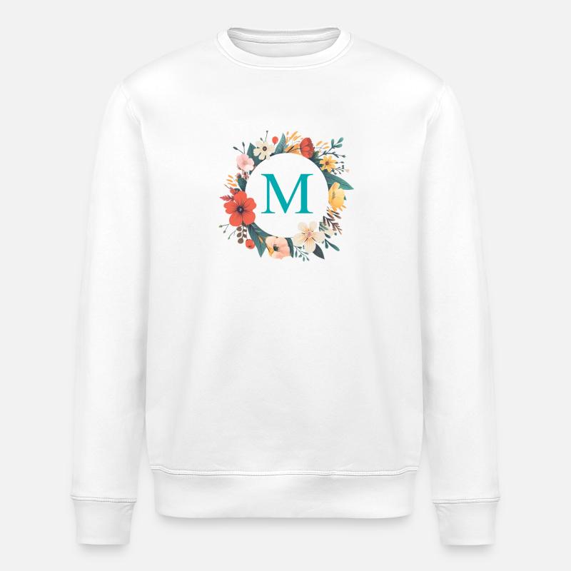 M Monogram, Flower Wreath, Personalizable - Stanley/Stella ROLLER Unisex Organic Sweatshirt - white
