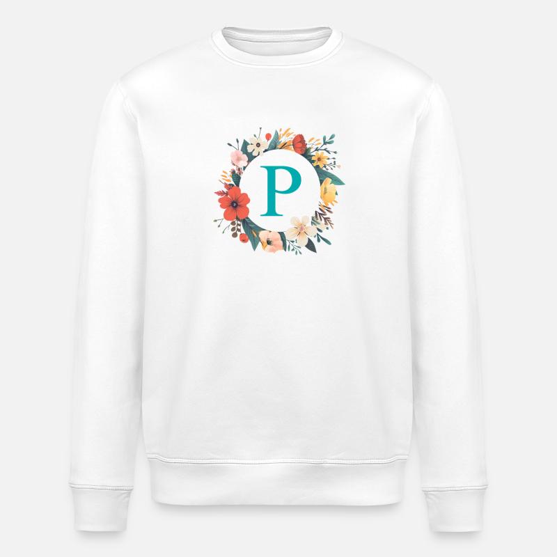P Monogramm, Blumen-Kranz, personalisierbar - Stanley/Stella Unisex Bio-Sweatshirt ROLLER - Weiß