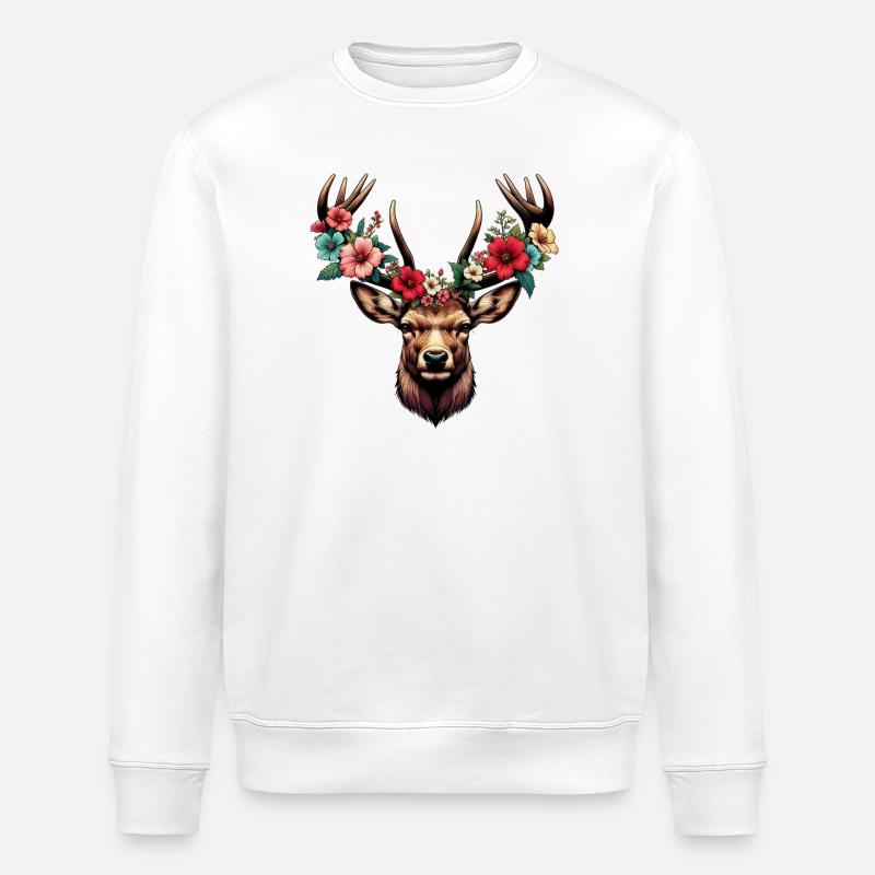 Hirsch mit Blumen - Stanley/Stella Unisex Bio-Sweatshirt ROLLER - Weiß