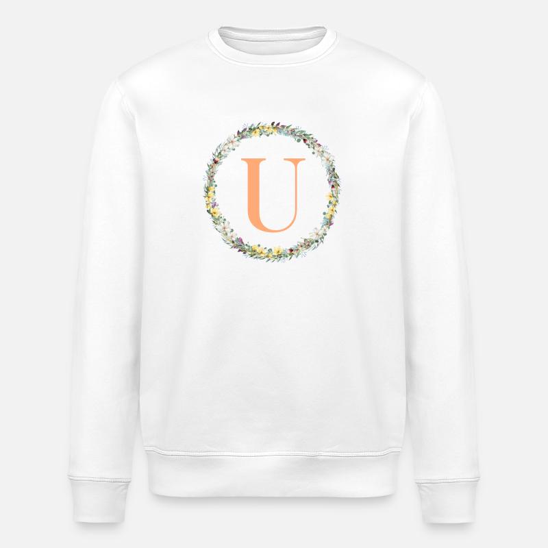 U Monogram, Flower Wreath, Personalizable - Stanley/Stella ROLLER Unisex Organic Sweatshirt - white