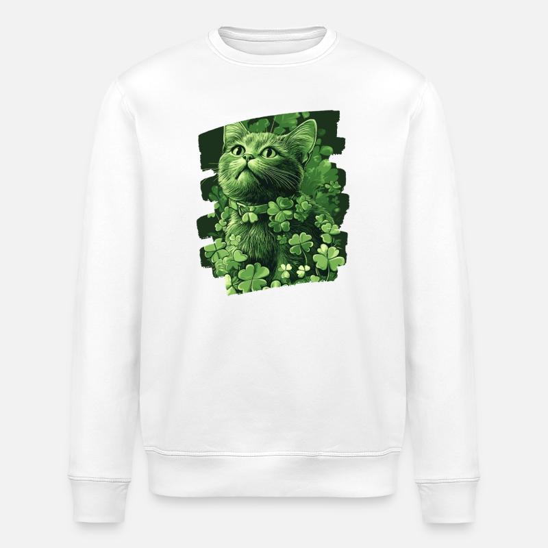 St Patrick's Day Cat - Stanley/Stella ROLLER Unisex Organic Sweatshirt - white