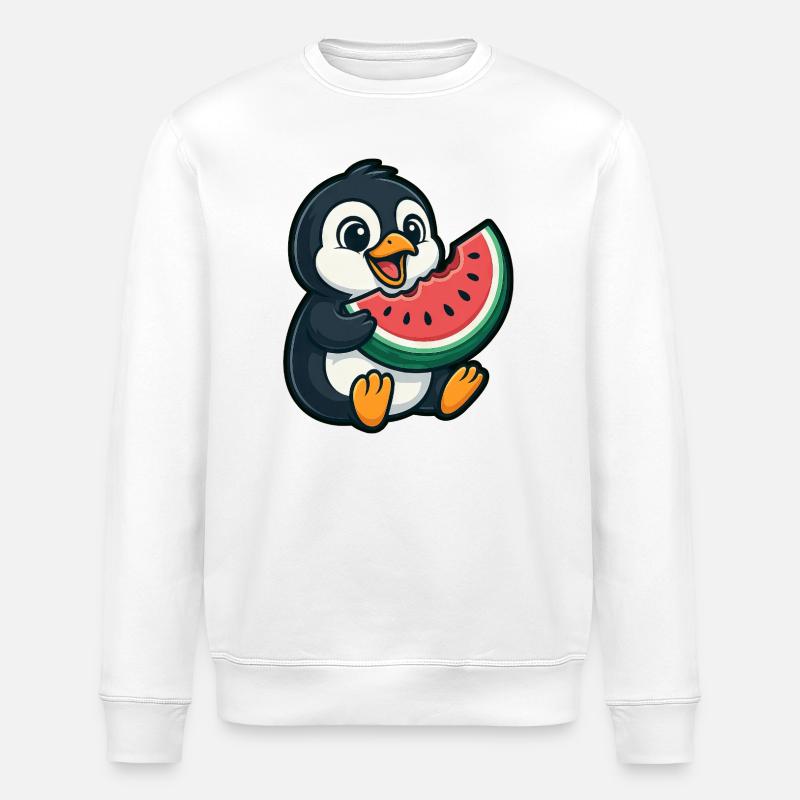 Penguin with Watermelon Summer Fruit - Stanley/Stella ROLLER Unisex Organic Sweatshirt - white