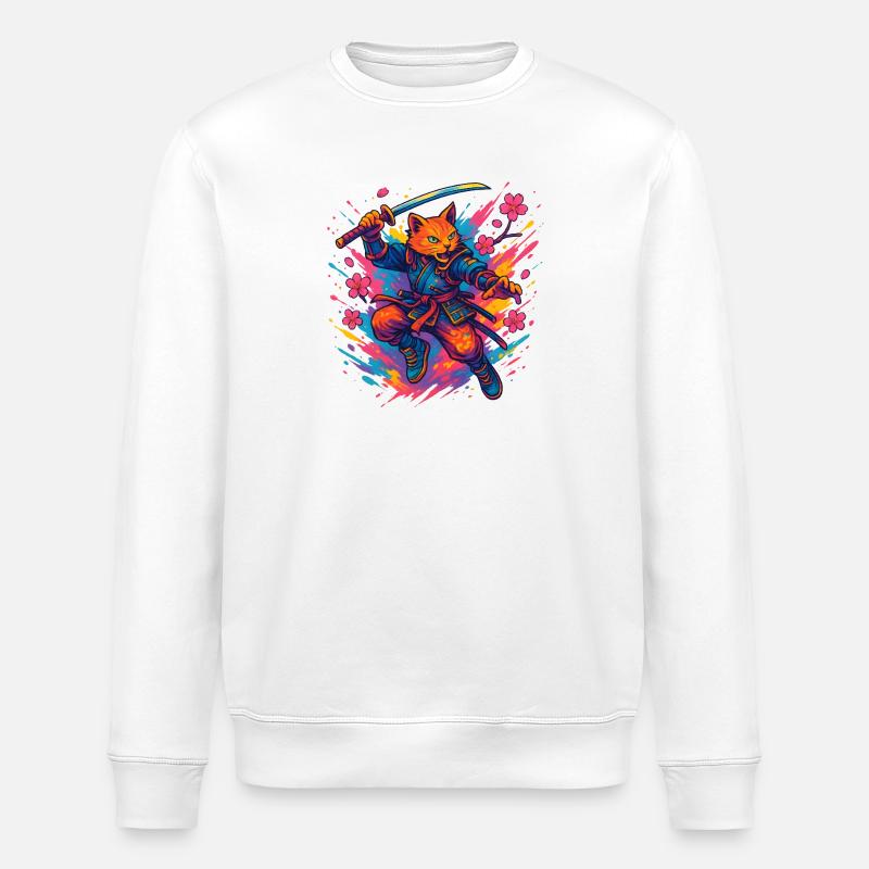 Katzen-Krieger im Samurai-Stil - Stanley/Stella Unisex Bio-Sweatshirt ROLLER - Weiß