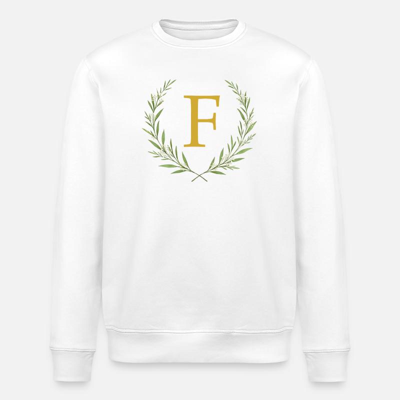 F Monogram, Eucalyptus Wreath, Personalizable - Stanley/Stella ROLLER Unisex Organic Sweatshirt - white
