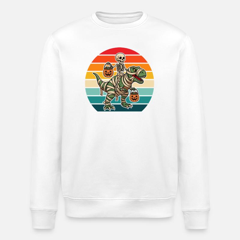 Retro Halloween Skeleton Riding Mummy T-Rex - Stanley/Stella ROLLER Unisex Organic Sweatshirt - white