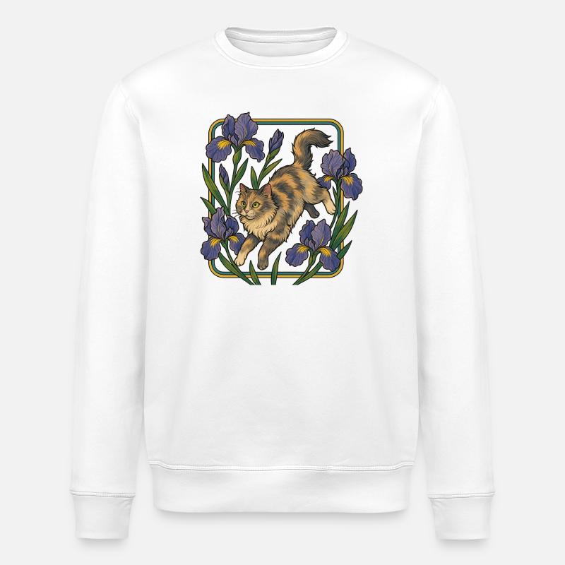Elegante Katze unter Irisblumen - Stanley/Stella Unisex Bio-Sweatshirt ROLLER - Weiß