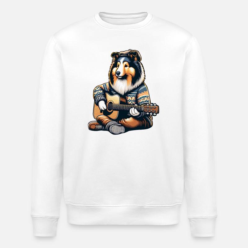 Collie Mit Akustikgitarre Im Strickpullover - Stanley/Stella Unisex Bio-Sweatshirt ROLLER - Weiß