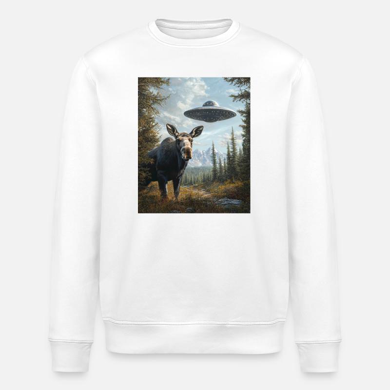 Elch Selfie mit UFO - Stanley/Stella Unisex Bio-Sweatshirt ROLLER - Weiß