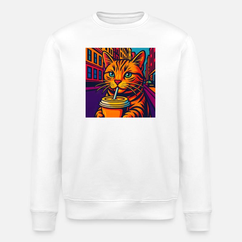 Lebhafte Stadtkatze mit Getränk, liebe Katzen - Stanley/Stella Unisex Bio-Sweatshirt ROLLER - Weiß