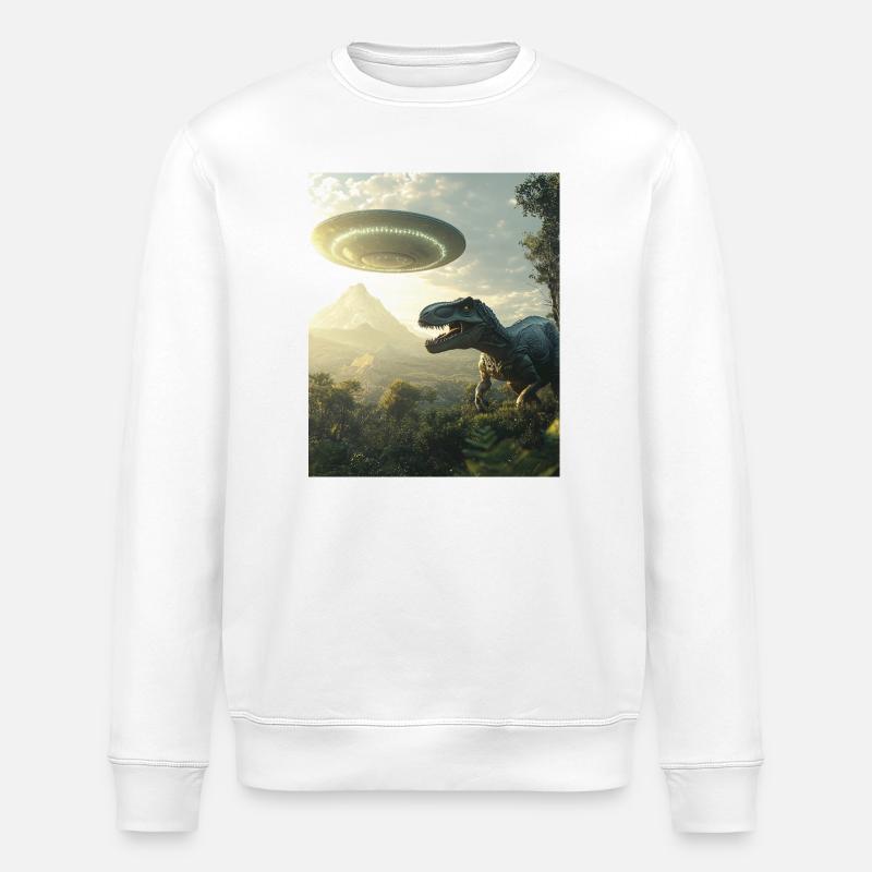 T-Rex Selfie mit UFO - Stanley/Stella Unisex Bio-Sweatshirt ROLLER - Weiß