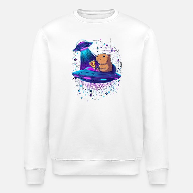Capybara with pizza in the UFO - Stanley/Stella ROLLER Unisex Organic Sweatshirt - white