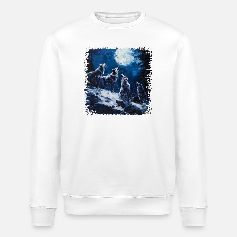 Wolf group under full moon - Stanley/Stella ROLLER Unisex Organic Sweatshirt - white