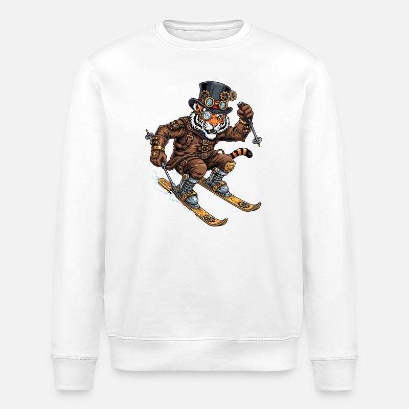 Steampunk Tiger Skier With Top Hat - Stanley/Stella ROLLER Unisex Organic Sweatshirt - white