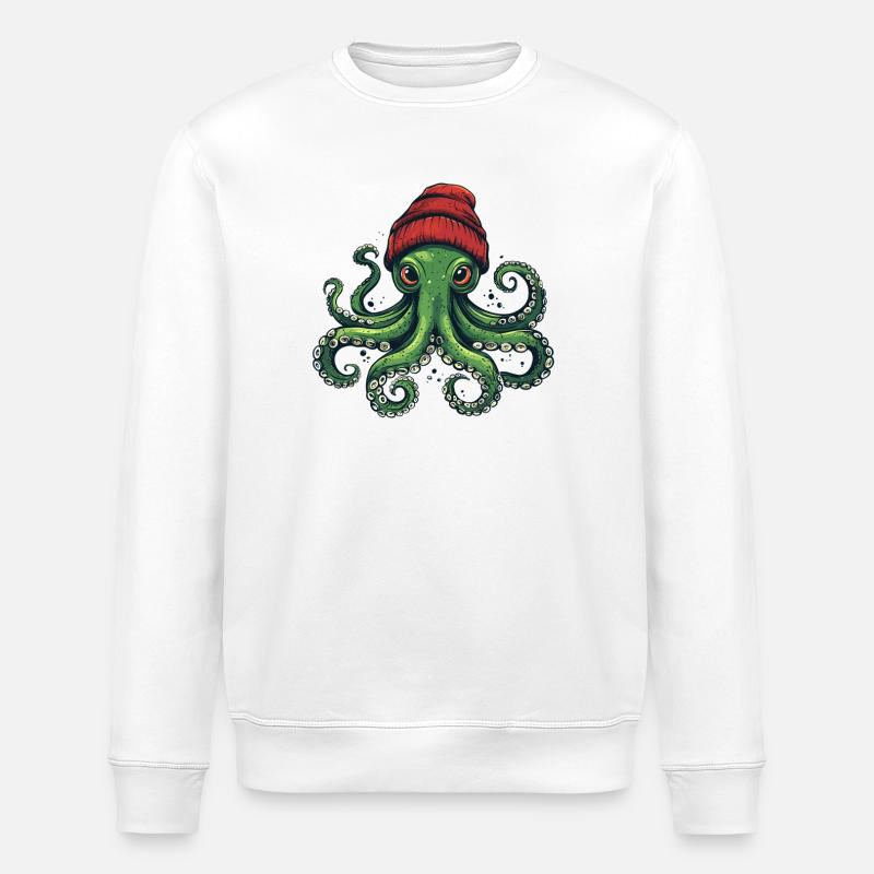 Octopus with red hat - Stanley/Stella ROLLER Unisex Organic Sweatshirt - white